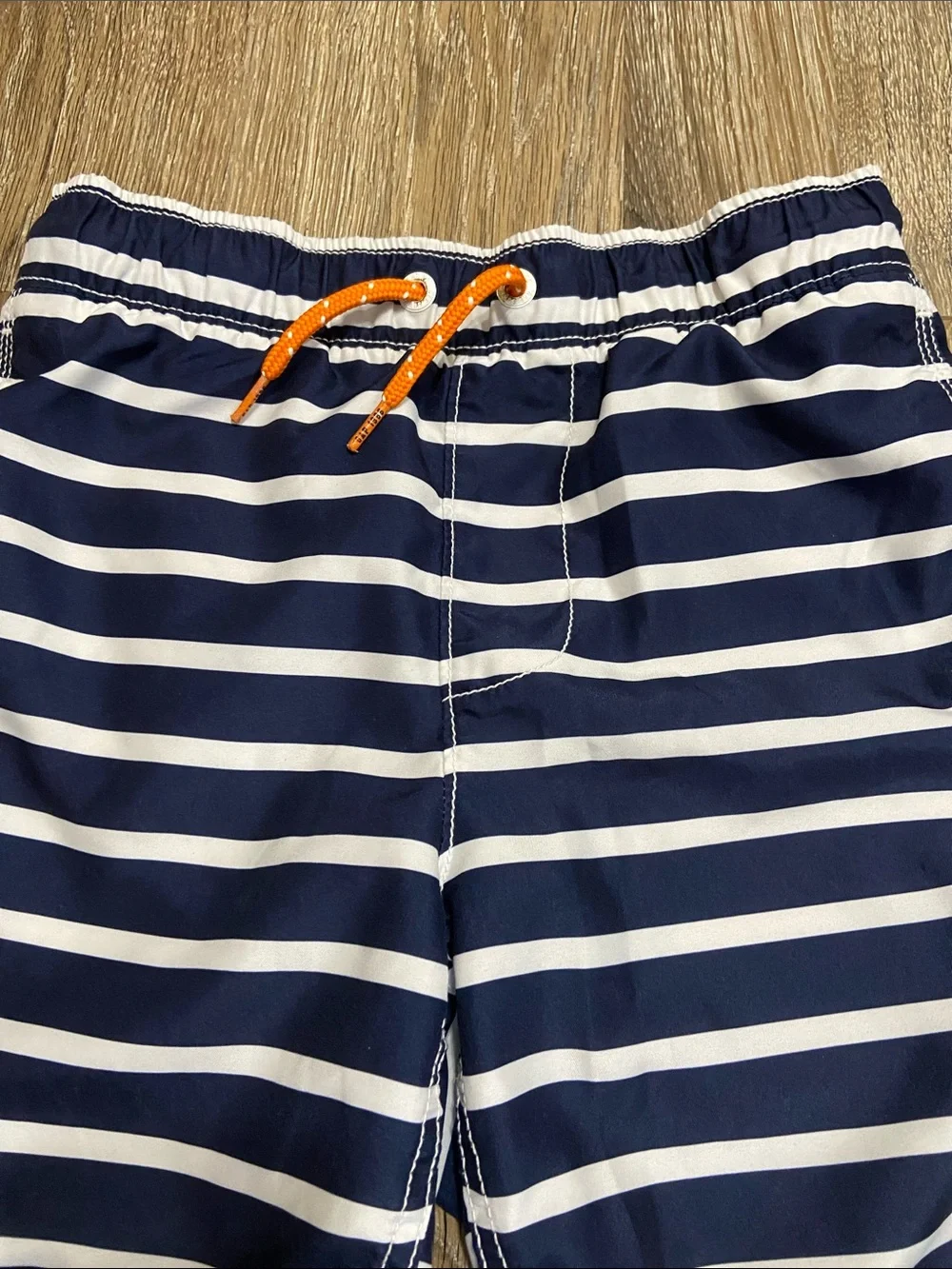 GAP Navy and White Striped Kids Swim Trunks with Orange Drawstring